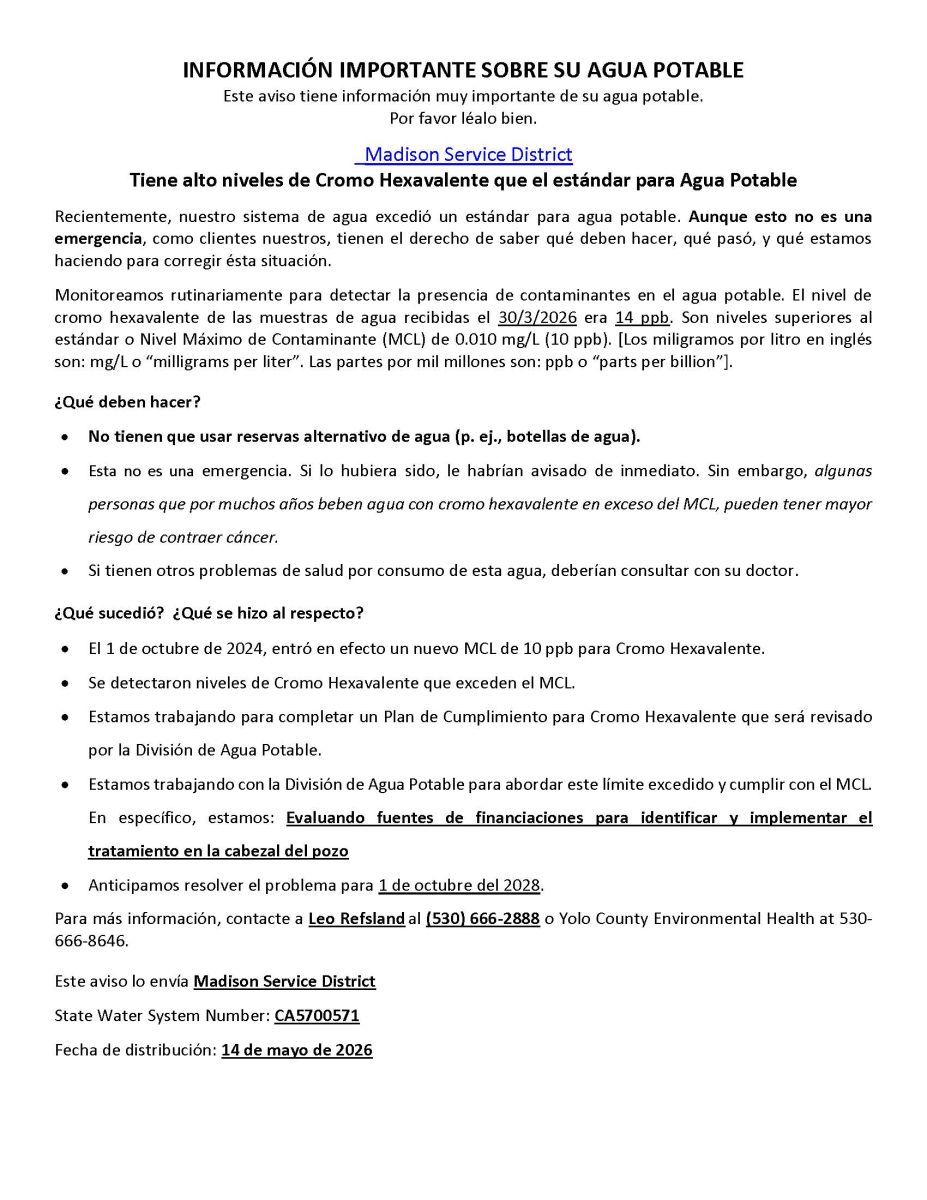 A notice letting the public know that the water system has an above standard amount of hexavalent chromium and what the water district is doing to address this issue.